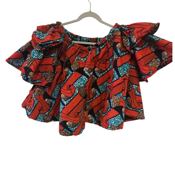 Tops - Ankara Print Off Shoulder Ruffle Sleeve Crop Top‎ Women's Bright Geometric